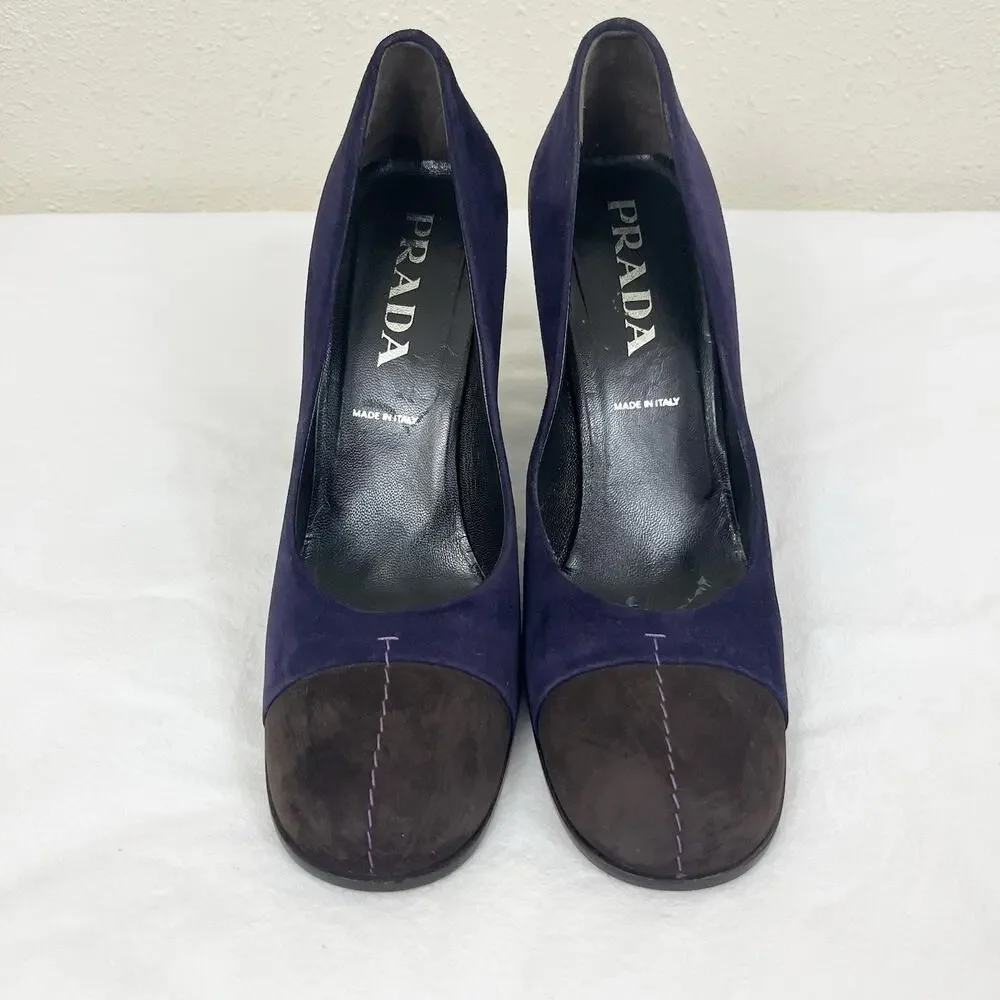 Prada Suede Colorblock Block Heels Womens Size 37.5 US 7.5 Purple Brown - Picture 3 of 7